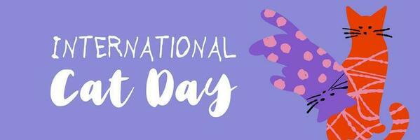 International Katze Tag horizontal Illustration Design mit texturiert süß Katzen im Rosa violett Farbe vektor