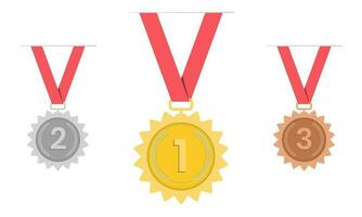 medalj- guld, silver, brons. 1:a, 2:a och 3:e plats. trofén med röd band. platt stil - stock vektor. vektor