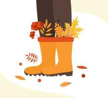 Herbst Illustration. Komposition von Stiefel Blätter Blumen Beeren. Vektor Illustration.