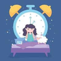 Schlaflosigkeit, trauriges Mädchen im Bett mit beweglichen Schafen und großem Uhrhintergrund vektor