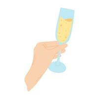 glas av champagne i hand. vektor illustration. champagne i hand i platt stil.