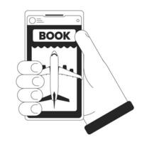 Fahrkarte Buchung bw Konzept Vektor Stelle Illustration. halten Smartphone zum Kauf Tickets auf Flugzeug 2d Karikatur eben Linie monochromatisch Hand zum Netz ui Design.bearbeitbar isoliert Gliederung Held Bild