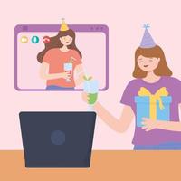 Online-Party, junge Frauen feiern Geburtstag mit Geschenk und trinken mit Laptop vektor