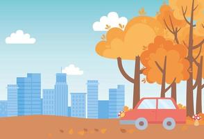 landskap på hösten natur scen, bil i stig med svamp träd och stadsbilden bakgrund vektor