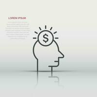 mänsklig huvud med pengar ikon i platt stil. karriär framsteg vektor illustration på vit isolerat bakgrund. ansikte och dollar mynt företag begrepp.