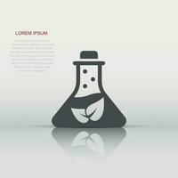 kemi glas ikon i platt stil. labb flaska med blad vektor illustration på vit isolerat bakgrund. natur analys tecken företag begrepp.