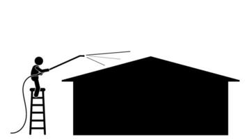 Illustration und Symbol Stock Figur, Strichmännchen, Piktogramm. Haus Waschen, Rinne Reinigung, Dach Waschen, Beton Reinigung, Deck Waschen vektor