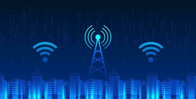 cellulär teknologi är belägen i en smart stad med wiFi ikon. en smart stad begrepp med torn till förse stad människor med tillgång till information. skicka företag kommunikation mjukt. vektor