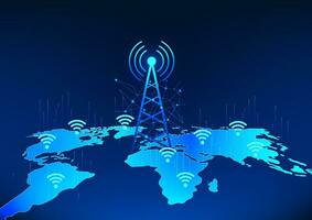 Getriebe Turm Technologie auf Welt Karte mit W-lan Symbol verweist zu das Technologie von Signal Getriebe Das Abdeckungen das Welt zum Menschen zu haben Zugriff zu Kommunikation oder Zugriff zu das Internet. vektor