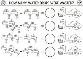 Wie viele Tropfen schwarz und Weiß Spiel mit Wasserhähne. ökologisch Mathematik Zusatz Aktivität zum Vorschule Kinder. einfach Öko Erde Tag druckbar Zählen Färbung Seite zum Kinder vektor