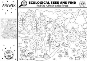 vektor svart och vit ekologisk sökande spel med skog landskap, skräp. fläck dold sopor i bild. noll avfall söka och hitta pedagogisk tryckbar aktivitet. jord dag färg sida