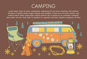 PR flygblad för camping, resa, vandring, picknick. vektor illustration för affisch, baner, omslag, annons, webb sida.