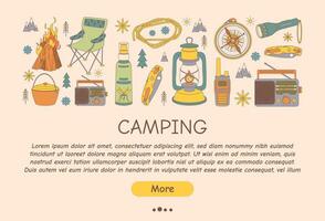 Werbung Flyer zum Camping, reisen, wandern, Picknick. Vektor Illustration zum Poster, Banner, Abdeckung, Werbung, Netz Buchseite.