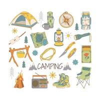 camping och vandring uppsättning, dragen element tält, termos, ryggsäck, Karta, ficklampa, kompass, bål, stol, rep. vektor