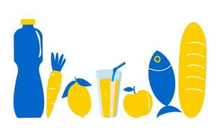 matvaror humanitär uppsättning i blå och gul toner. donationer och välgörenhet mat, bröd, vatten, frukt och grönsaker. volontär- hjälp. vektor. vektor