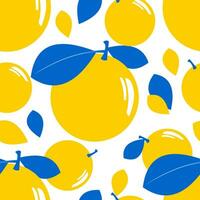 Äpfel und Orangen. nahtlos stilvoll Muster zum Textil- und Papier Produkte. Gelb Früchte mit Blau Blätter auf ein Weiß Hintergrund. Vektor. vektor