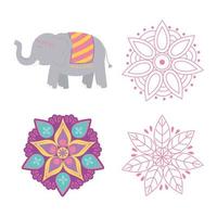 glad diwali festival, blommig mandala blommor och elefant ikoner vektor design