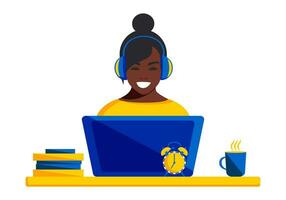 ein afrikanisch amerikanisch Frau im Kopfhörer funktioniert entfernt mit ein Laptop. bleibe beim Zuhause und erhalten ein Bildung online. Vektor. vektor