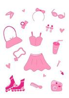 glamorös eleganta modern rosa element för en flicka. kjol, örhängen, rullar, kläder, skor, rullar, kamera, glasögon, väska, läppstift.nostalgisk barbiecore 2000-talet stil samling vektor