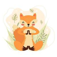 Fuchs ist beschäftigt, verlobt im Yoga. Vektor Illustration von ein meditieren Tier. Wald Tier. süß Fuchs im Karikatur Stil auf das Hintergrund von Blätter. kreativ Illustration. T-Shirt drucken. isoliert Hintergrund.