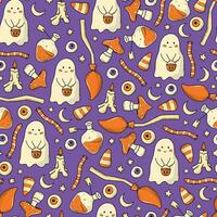 halloween sömlös mönster med doodles, tecknad serie element för barnkammare grafik, tapet, bakgrunder, scrapbooking, stationär, omslag papper, etc. eps 10 vektor