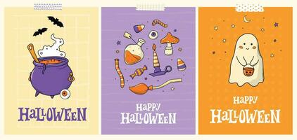 einstellen von Halloween Gruß Karten, Poster, Drucke, Einladungen, Banner, usw dekoriert mit Beschriftung Zitate und Kritzeleien. eps 10 vektor