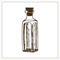 Flasche mit Flüssigkeit innen. handgemalt Illustration von ein Flasche. Flasche von Öl, Medizin, Essig, Soße vektor