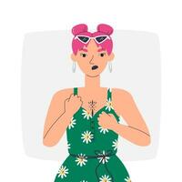 rosa håriga ung kvinna i grön overall med blommig mönster och solglasögon. arg kvinna redo till bekämpa. skön tatuerade kvinna i dålig humör. aggressiv flicka hand dragen platt vektor illustration
