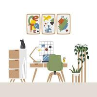 modern kreativ Arbeit Zone zum Grafik Designer. süß Innere Szene Design zum Studie oder Fernbedienung Arbeit. Zuhause Raum mit Möbel, Pflanzen und Haus Dekor. Künstler Studio Hand gezeichnet eben Vektor Illustration