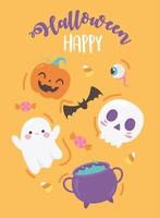 Happy Halloween lustige Kürbisschädel Fledermaus Kessel Süßigkeiten gruseliges Auge Poster vektor