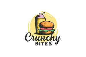knaprig biter logotyp med en kombination av en burger och en milkshake. bra för restaurang, Kafé, etc. vektor