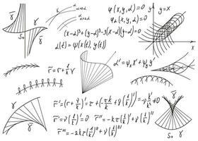 matematisk formler dragen förbi hand på en vit svarta tavlan för de bakgrund. vektor illustration.