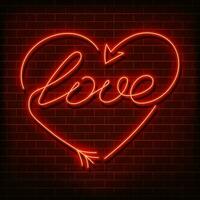 Neon- Wort Liebe. ein hell rot Zeichen auf ein Backstein Mauer. Element von Design zum ein glücklich Valentinstag s Tag. Vektor Illustration