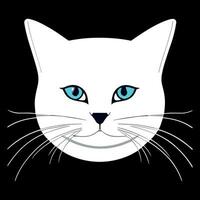 en vektor illustration av en vit katt ansikte på en mörk bakgrund. de katt har blå ögon och svart näsa. de katt utseende nyfiken och varna, som om den är tittar på något spänt.