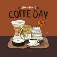internationell kaffe dag vektor illustration. funktioner en kaffe tillverkare, en kopp av kaffe, och en väska av kaffe bönor