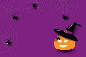 Halloween Kürbis auf ein abstrakt Hintergrund im traditionell Urlaub Schatten mit Spinnen und Spinnweben. vektor