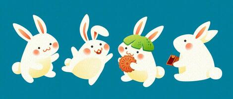 härlig kaniner bär pomelo hatt och äter månkakor på blå bakgrund vektor