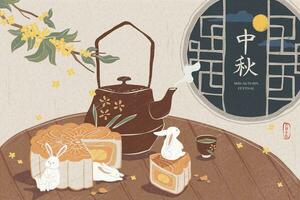 utsökt cake och varm te på trä- runda tabell för mitten höst festival, Semester namn skriven i kinesisk ord vektor