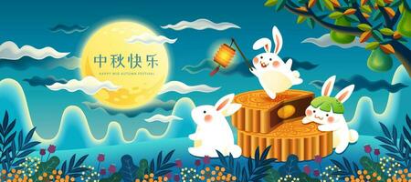 glücklich Mitte Herbst Festival mit süß Kaninchen genießen Mondkuchen und das voll Mond im Karikatur Stil, Urlaub Name geschrieben im Chinesisch Wörter vektor