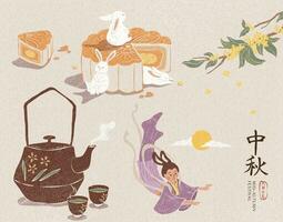 köstlich Mondkuchen, süß Jade Kaninchen, heiß Tee und ändern zum Mitte Herbst Festival, Urlaub Name geschrieben im Chinesisch Wörter vektor