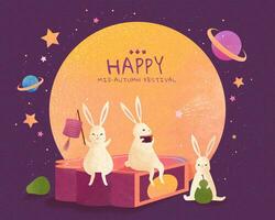 Lycklig mitten höst festival med härlig jade kaniner sitta på jätte cake och njut av måne tittar på vektor