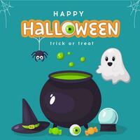 glücklich Halloween Gruß Karte mit Hexe Kessel, Geist und Hut vektor