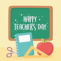 Happy Teacher Day, Tafel-Notizbuch-Lineal-Schere und Apfel vektor