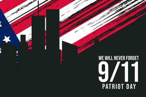 9 11 Patriot Tag Hintergrund mit Silhouette Gebäude und Rau amerikanisch Flagge vektor
