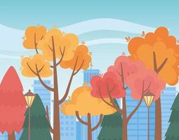 Landschaft im Herbst Naturszene, Parkbäume Lampen und Stadtbild vektor
