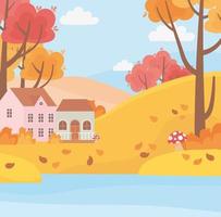 landskap på hösten natur scen, hus landsbygden sjö träd lämnar tecknad vektor