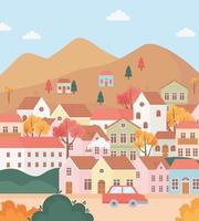 Landschaft im Herbst Naturszene, Dorfhäuser Cottage in den Hügeln Bäume und Auto Cartoon vektor