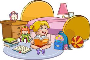 Vektor Abbildungen von Karikatur süß Kinder lesen ein Buch im seine Zimmer