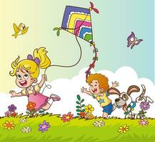 vektor illustrationer av Lycklig barn flygande en drake på de gräs