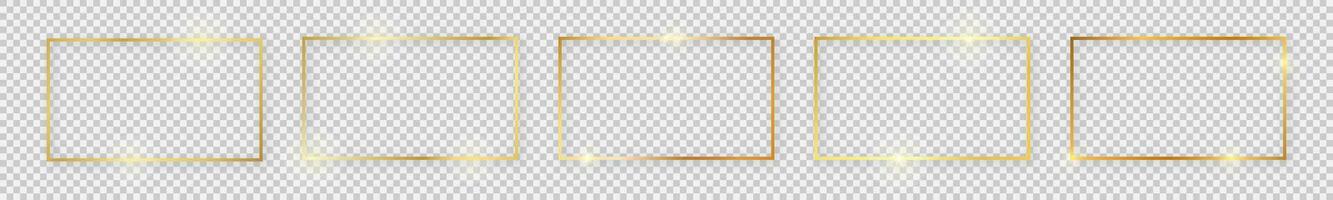 uppsättning av fem guld skinande rektangulär ramar med lysande effekter och skuggor vektor